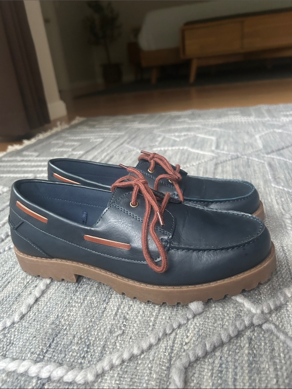 Men's Navy Blue Vegan Leather Lace-Up Boat Shoes w Brown Laces & Outsole-Size 5
